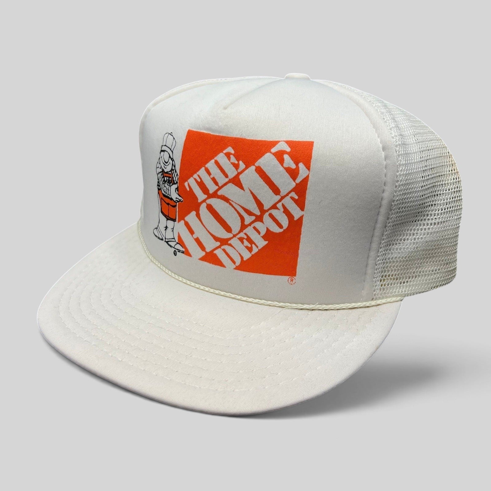 Raree Finds vintage 80s white and orange Home Depot trucker snapback hat with foam front and mesh back
