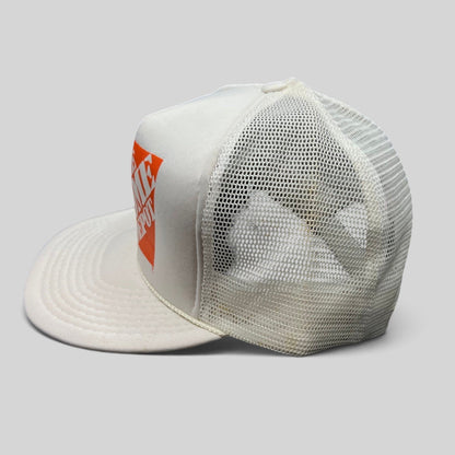 Raree Finds vintage 80s Home Depot white and orange foam trucker snapback hat with mesh back and rope brim detail