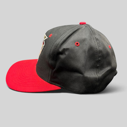 Raree Finds vintage 1997 Indianapolis 500 snapback hat with black crown, red brim, and embroidered race logo