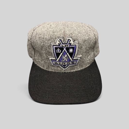Raree Finds vintage 90s LA Kings wool blend hat with gray crown, black brim, and embroidered team crest logo
