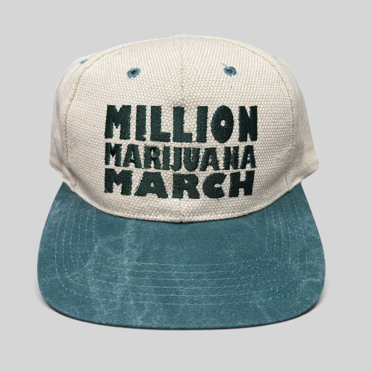 Raree Finds vintage 90s Cameo snapback hat in cream and green with Million Marijuana March embroidered front text