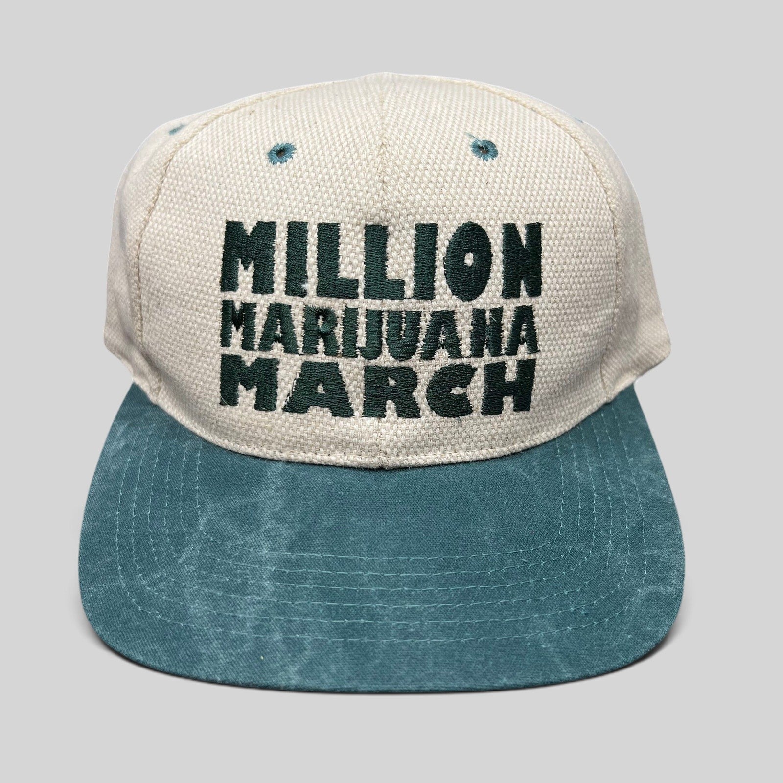 Raree Finds vintage 90s Cameo snapback hat in cream and green with Million Marijuana March embroidered front text