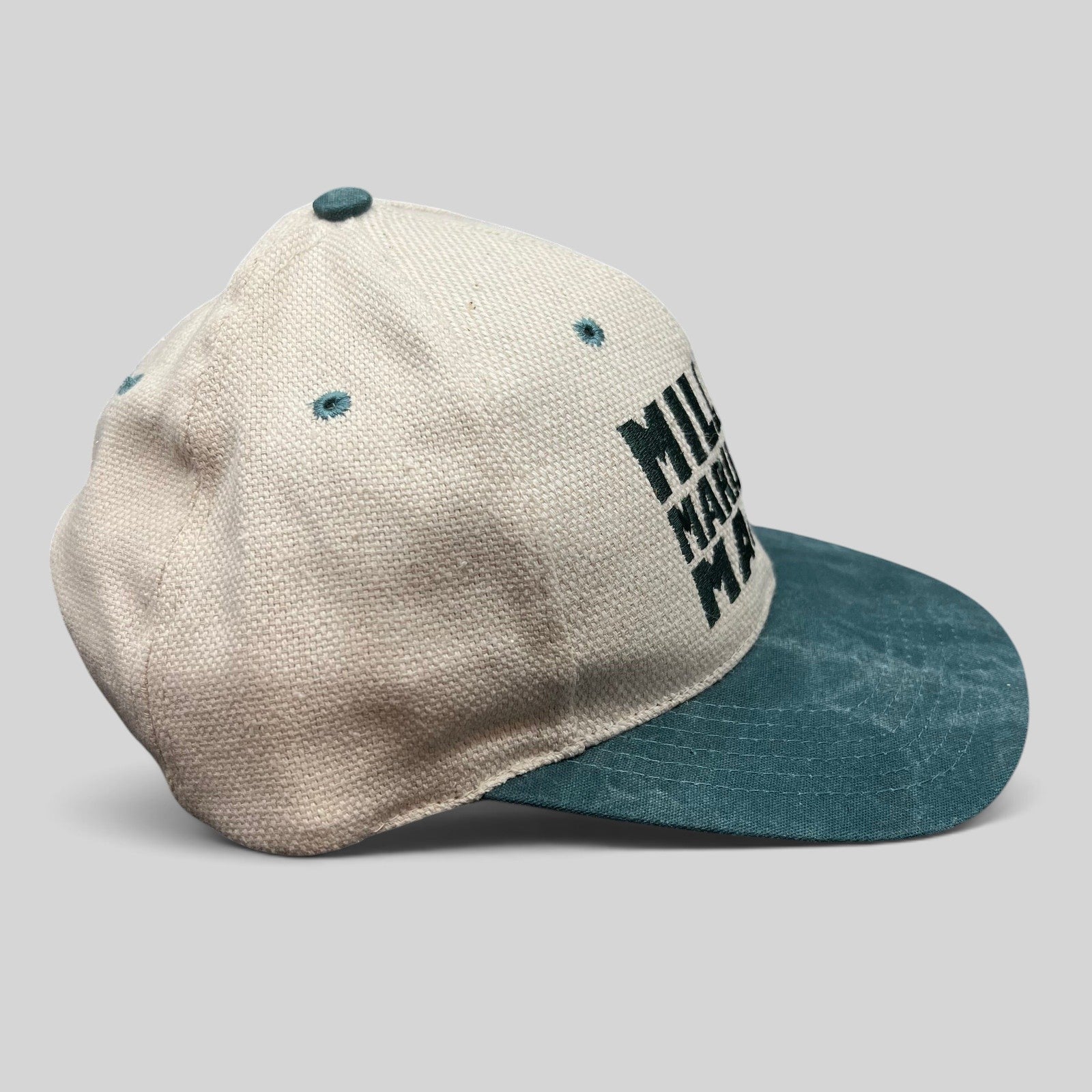 Raree Finds vintage 90s Cameo Million Marijuana March snapback hat in cream and green with embroidered block text.