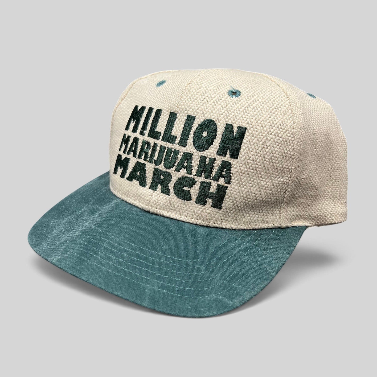 Raree Finds vintage 90s Cameo snapback hat in cream and green with Million Marijuana March embroidered front text.