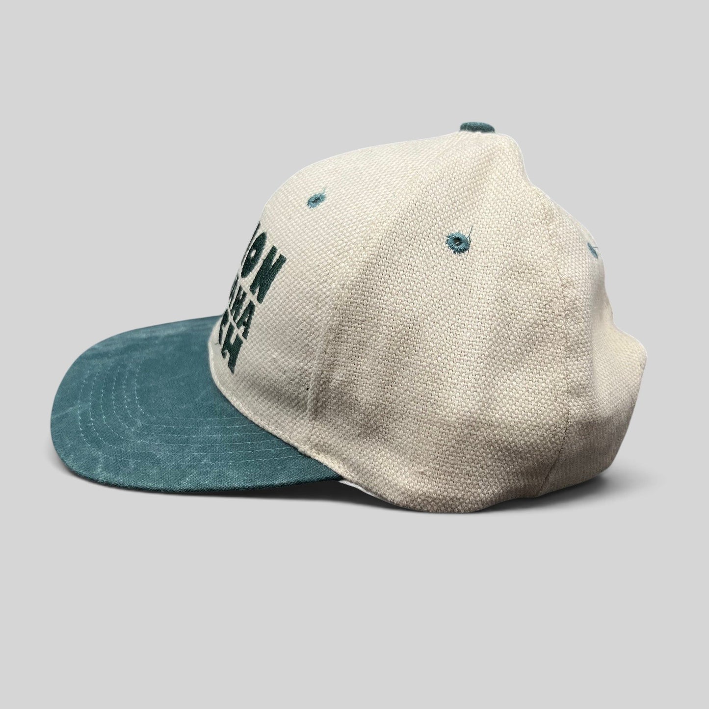 Raree Finds vintage 90s Million Marijuana March snapback hat in cream and green linen blend with embroidered text