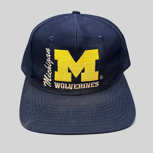 Raree Finds vintage navy Michigan Wolverines snapback hat with maize block M embroidery and collegiate lettering