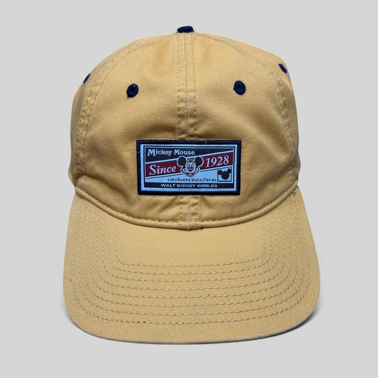 Raree Finds vintage yellow cotton Walt Disney World strapback hat with Mickey Mouse Since 1928 patch