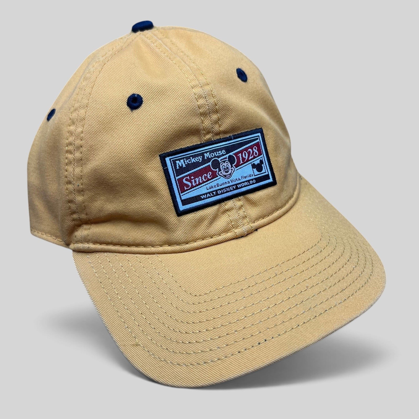 Raree Finds vintage Walt Disney World golden yellow cotton strapback hat with Mickey Mouse Since 1928 embroidered patch