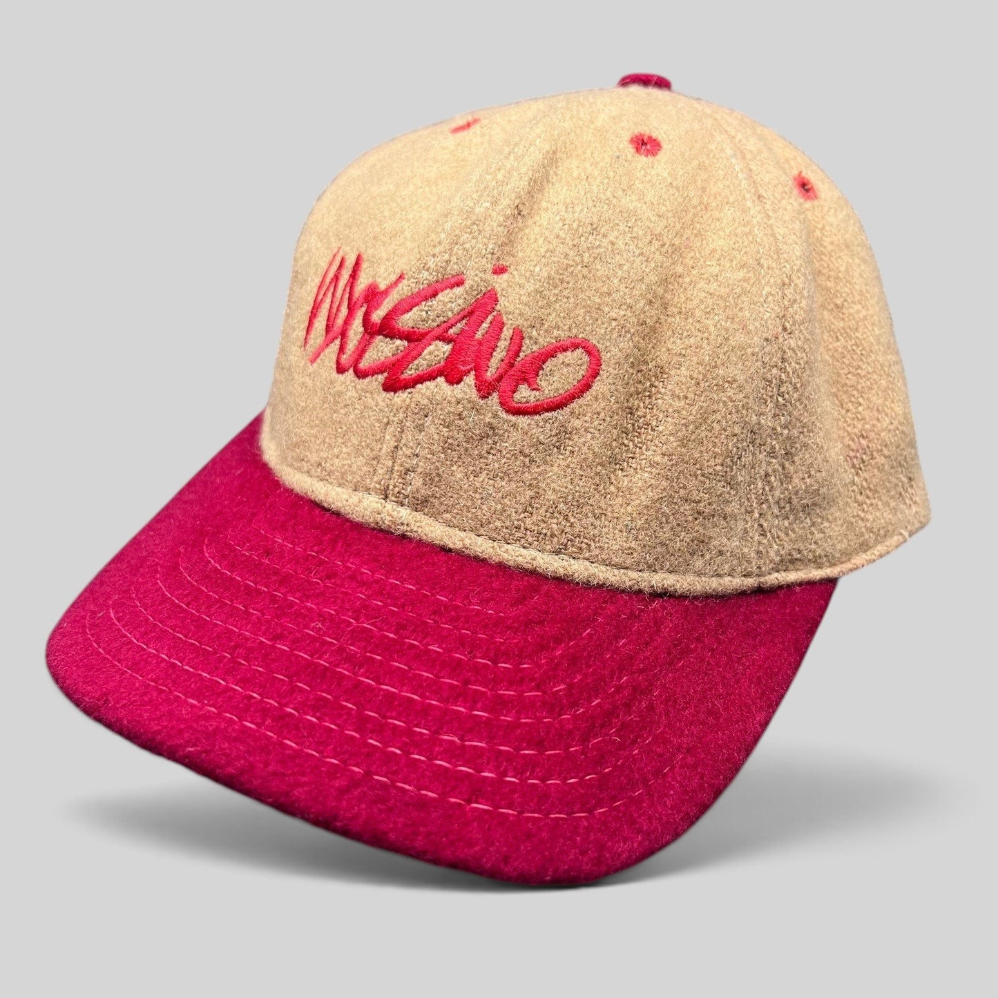 Raree Finds vintage camel and red wool snapback hat with embroidered Mossimo script logo and structured crown.