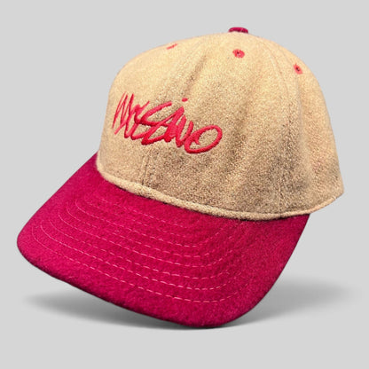 Raree Finds vintage camel and red wool snapback hat with embroidered Mossimo script logo and structured crown.