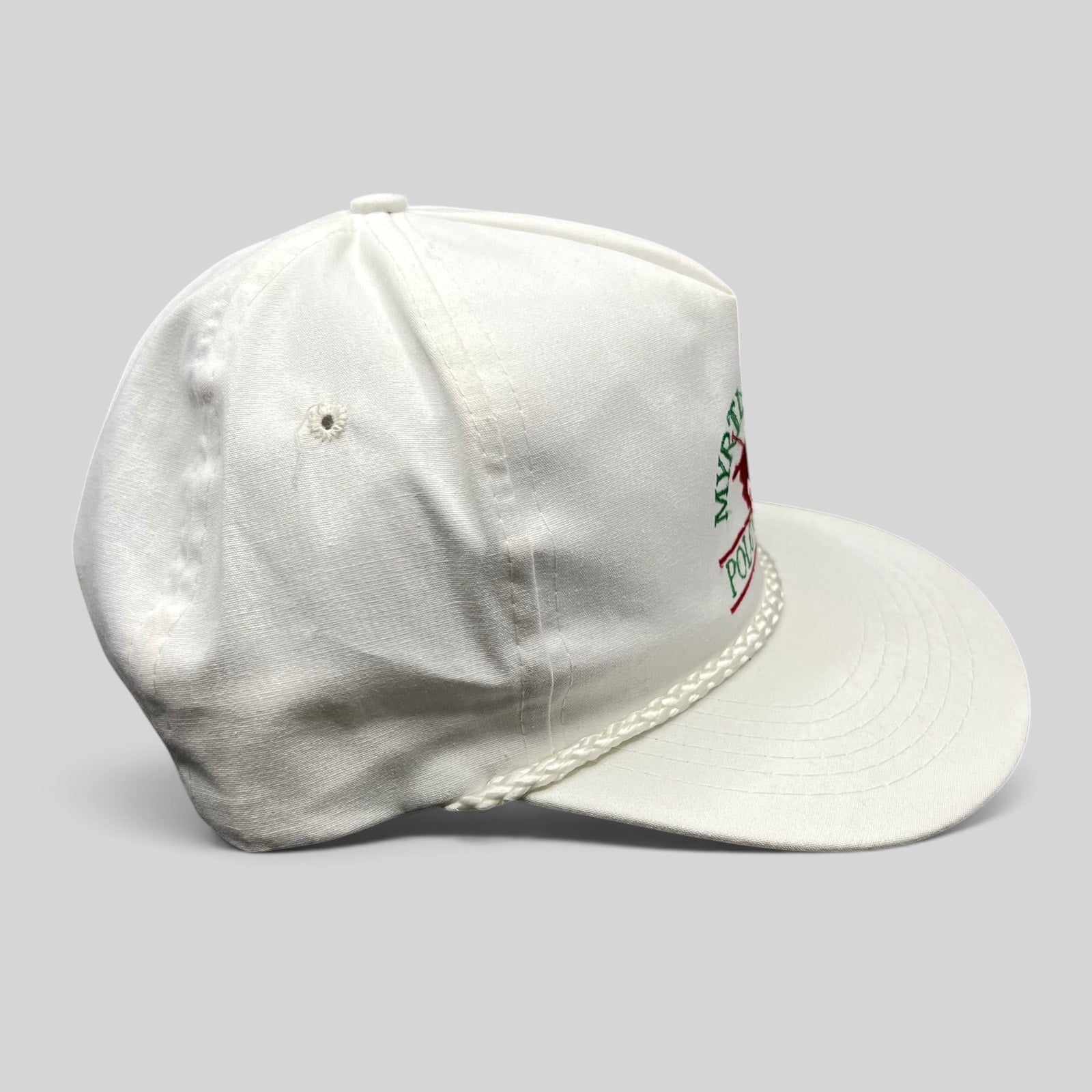 Raree Finds vintage Myrtle Beach Polo Club white rope trucker snapback hat with red and green embroidered logo