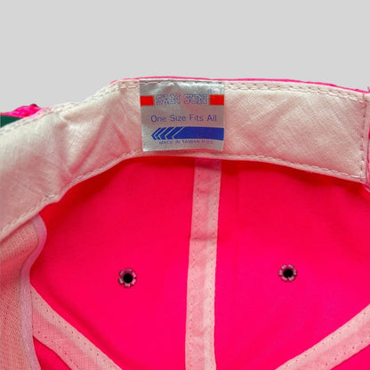Raree Finds vintage 1980s San Sun hat interior showing the brand label and neon pink fabric construction