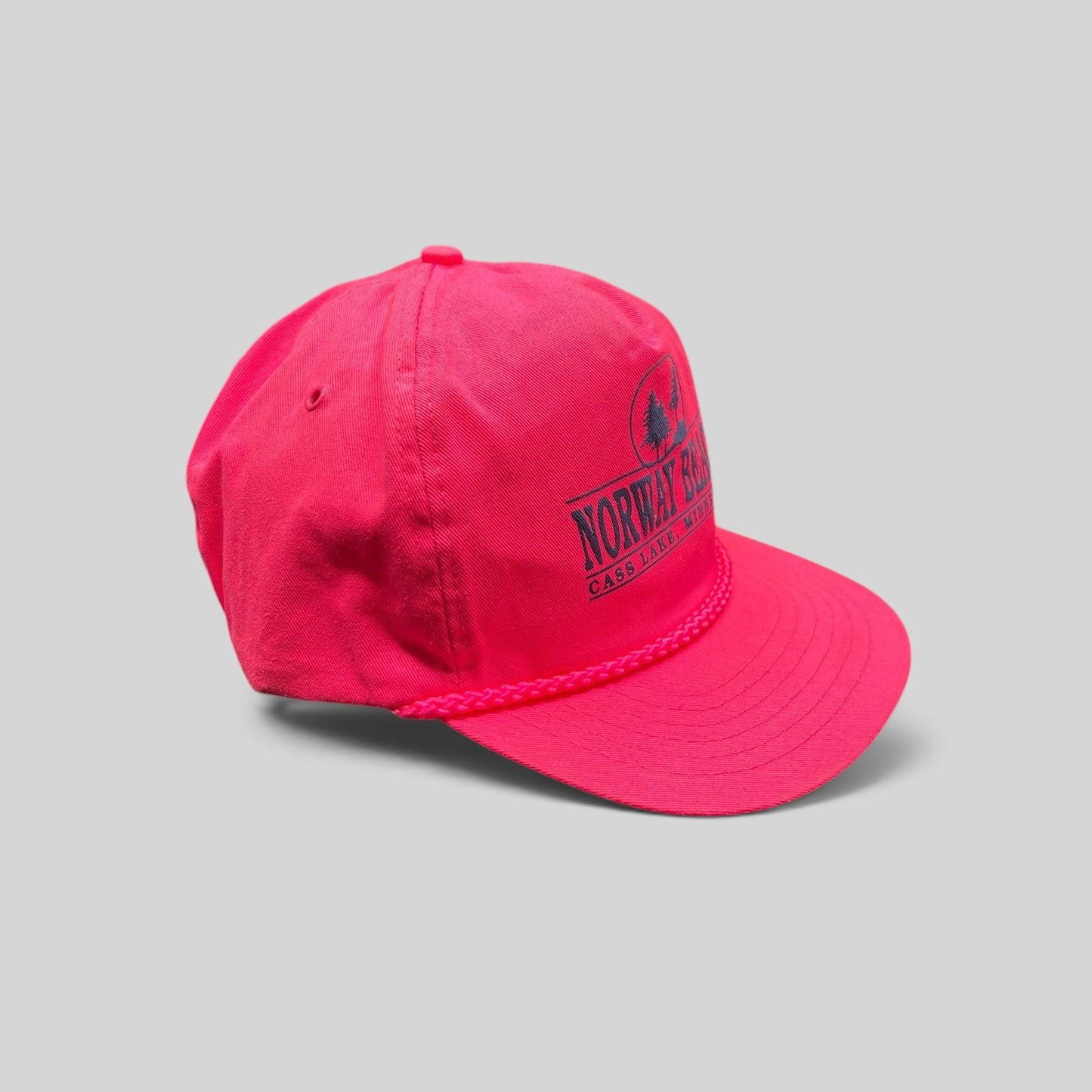 Raree Finds vintage 1980s neon pink snapback hat with Norway Beach Cass Lake graphic and decorative front rope detail
