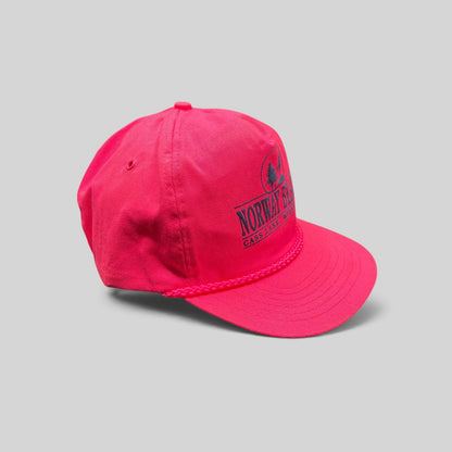 Raree Finds vintage 1980s neon pink snapback hat with Norway Beach Cass Lake graphic and decorative front rope detail