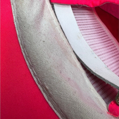 Interior view of Raree Finds vintage 80s neon pink nylon ski hat showing the foam sweatband and inner lining