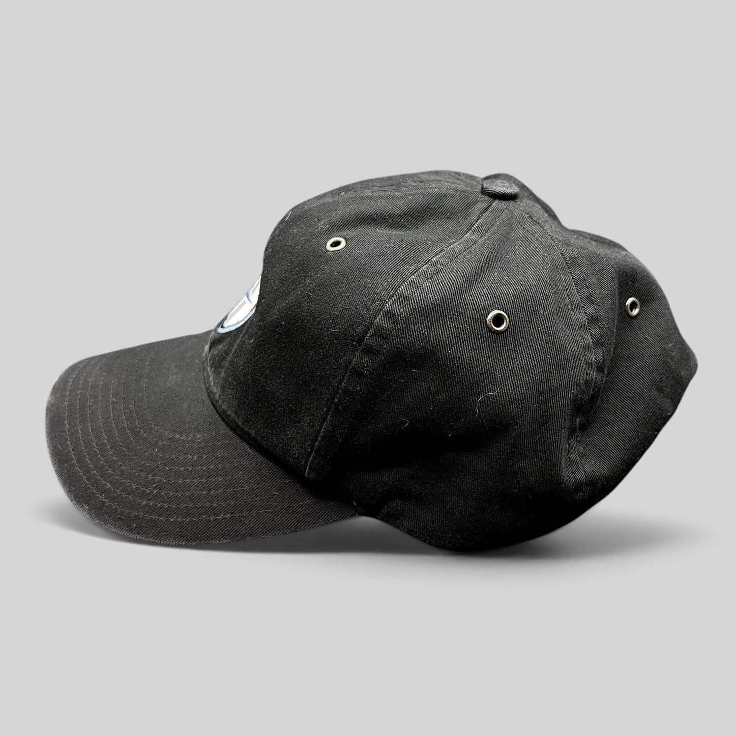 Raree Finds vintage black Nike soccer strapback hat with curved brim and embroidered shield crest logo