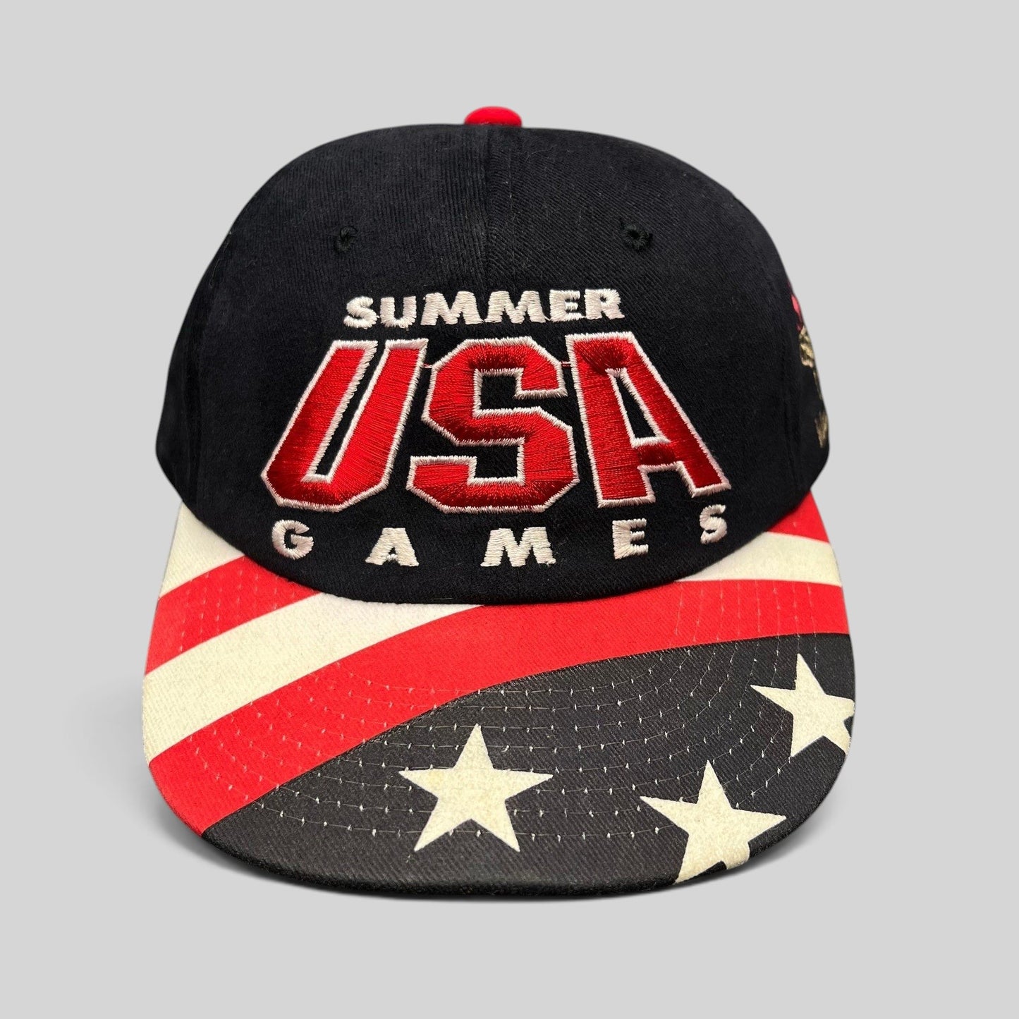 Raree Finds vintage 1996 Atlanta Olympics Starter snapback hat with black crown and American flag print brim