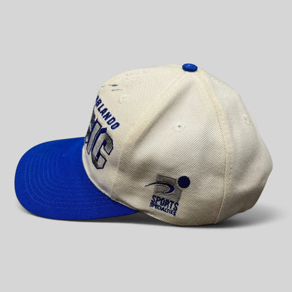 Raree Finds vintage 90s Orlando Magic Sports Specialties snapback hat with white crown, royal blue brim, and logo side