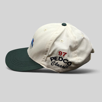 Raree Finds vintage 1997 Imperial Headwear two-tone white and green golf hat with 97 PEDCO Classic side embroidery