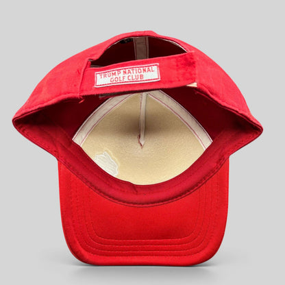 Raree Finds vintage Pukka Headwear red golf hat with Trump National Golf Club interior sweatband embroidery