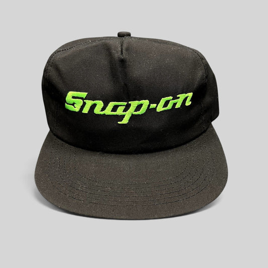 Raree Finds vintage 90s black snapback hat with neon green embroidered Snap-on Tools logo on the front