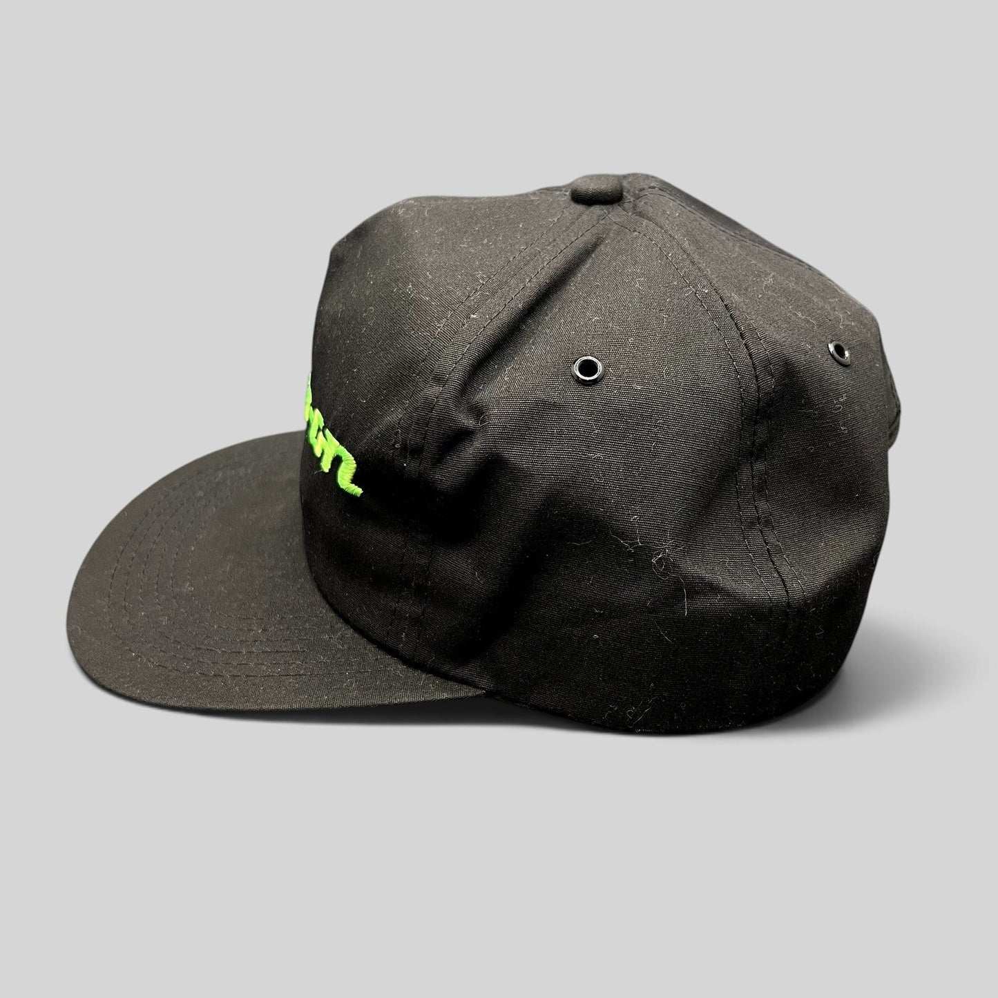 Raree Finds vintage 90s black snapback hat with neon green Snap-on Tools embroidered logo and adjustable closure