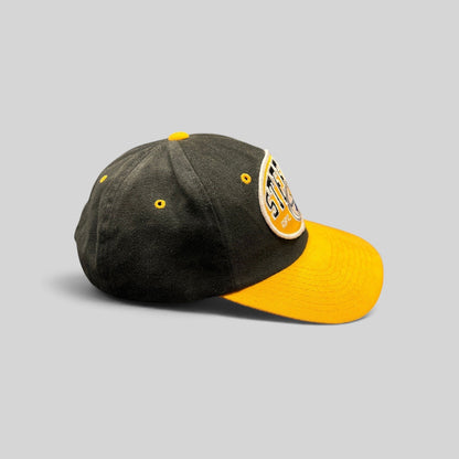 Raree Finds vintage Pittsburgh Steelers snapback hat with black crown, gold visor, and embroidered team patch.