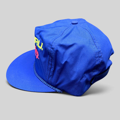 Raree Finds vintage blue nylon Subaru Ski Racing strapback hat with front rope detail and neon embroidery