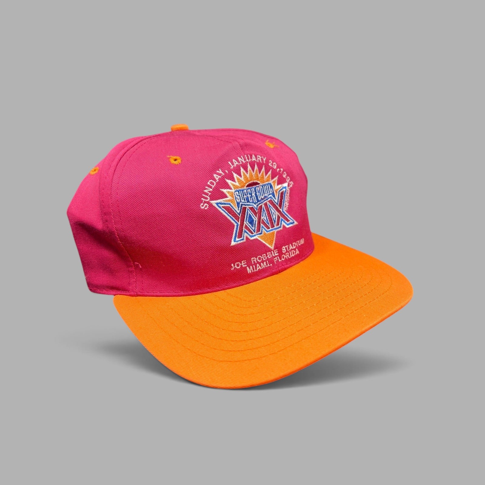 Raree Finds vintage 1995 Super Bowl XXIX snapback hat with maroon crown, orange brim, and embroidered NFL logo