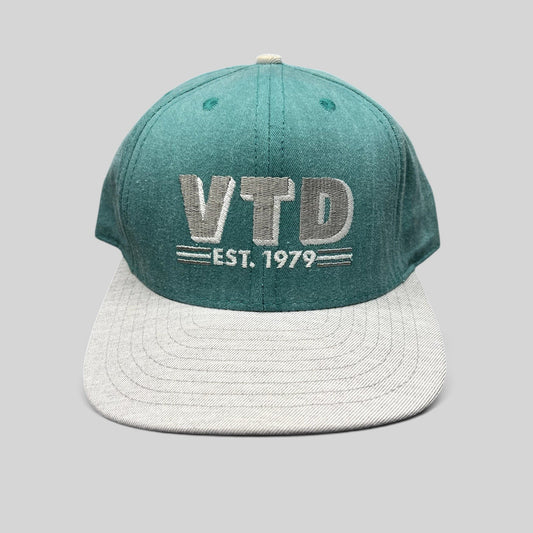 Raree Finds vintage teal and gray VTD snapback hat with embroidered logo and adjustable closure