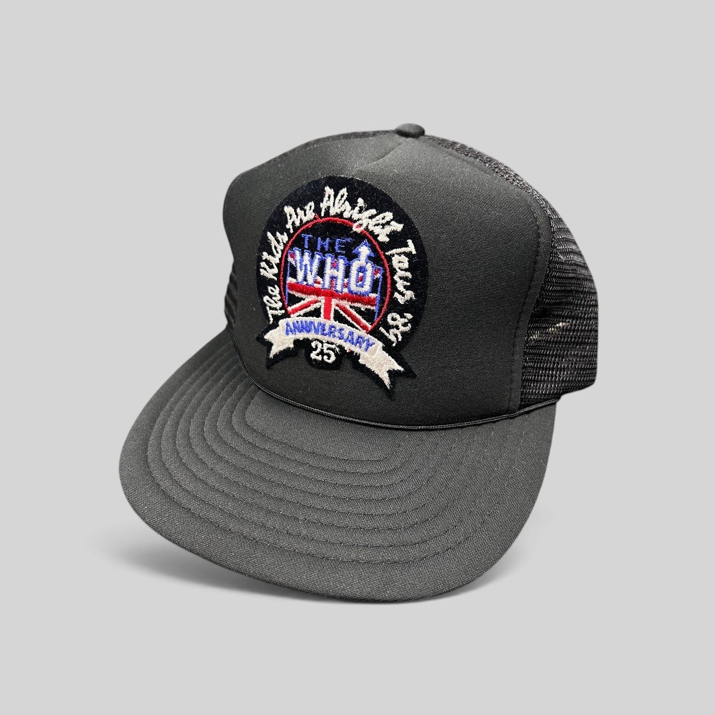 Raree Finds vintage 1989 The Who 25th Anniversary Tour black foam trucker hat with Union Jack embroidered patch