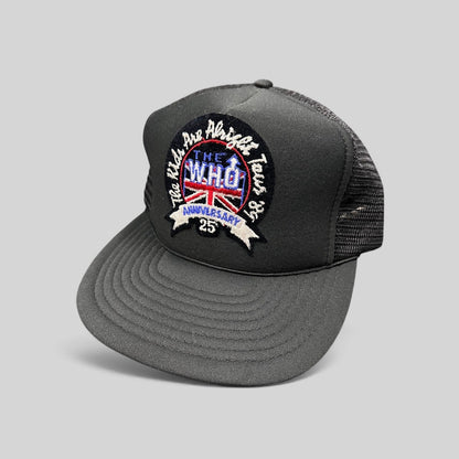 Raree Finds vintage 1989 The Who 25th Anniversary Tour black foam trucker hat with Union Jack embroidered patch