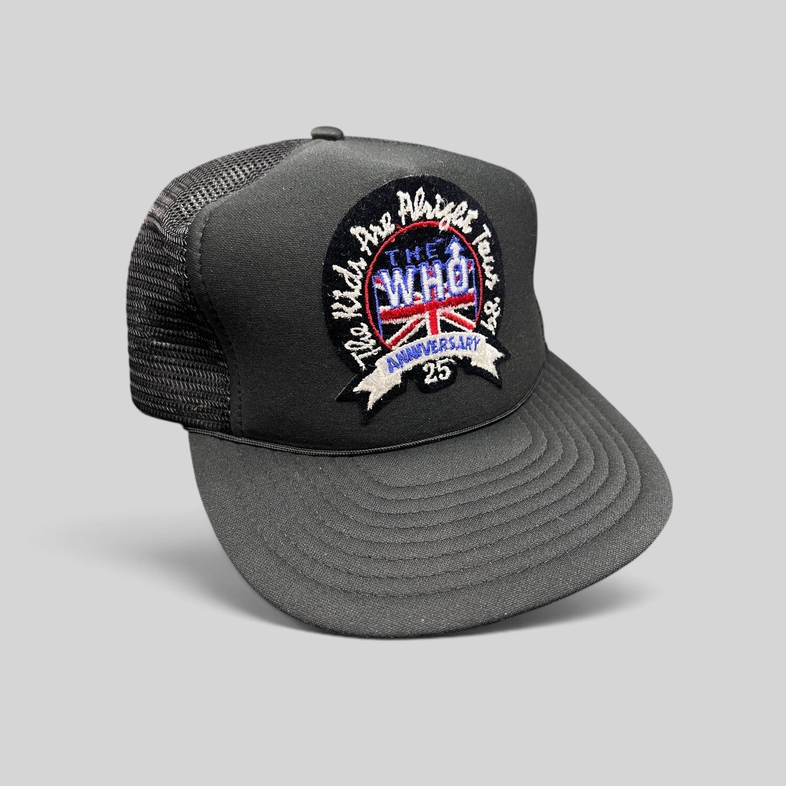 Raree Finds vintage 1989 The Who 25th Anniversary tour trucker hat with black foam front, mesh back, and embroidery.