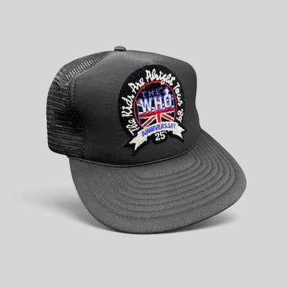 Raree Finds vintage 1989 The Who 25th Anniversary tour trucker hat with black foam front, mesh back, and embroidery.