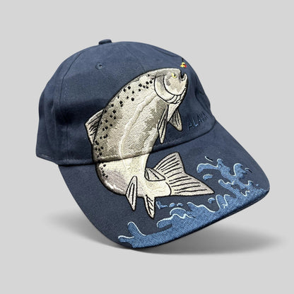 Raree Finds vintage navy cotton strapback hat featuring oversized embroidered rainbow trout and water scene