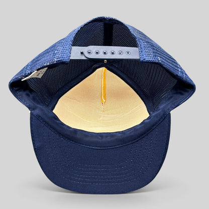 Raree Finds vintage Beverly Hills Gun Club trucker hat interior showing navy mesh back, snapback, and foam crown.