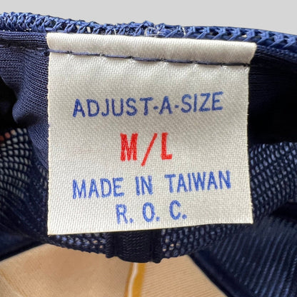 Raree Finds vintage trucker hat interior tag showing size M/L and Made in Taiwan R.O.C. production details