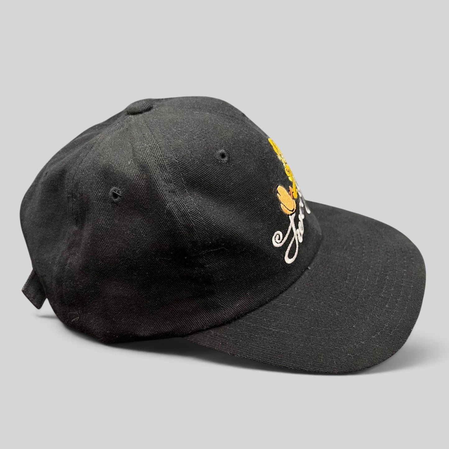 Raree Finds vintage 1998 black cotton strapback hat featuring embroidered Tweety Bird and scripted logo
