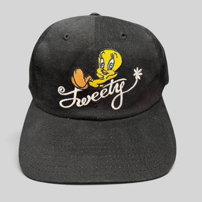 Raree Finds vintage 1998 Warner Bros Studio Store black cotton strapback hat with embroidered Tweety Bird logo