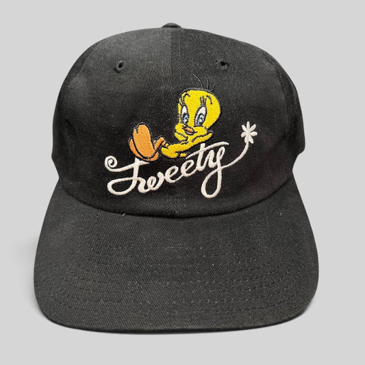 Raree Finds vintage 1998 Warner Bros Studio Store black cotton strapback hat with embroidered Tweety Bird logo