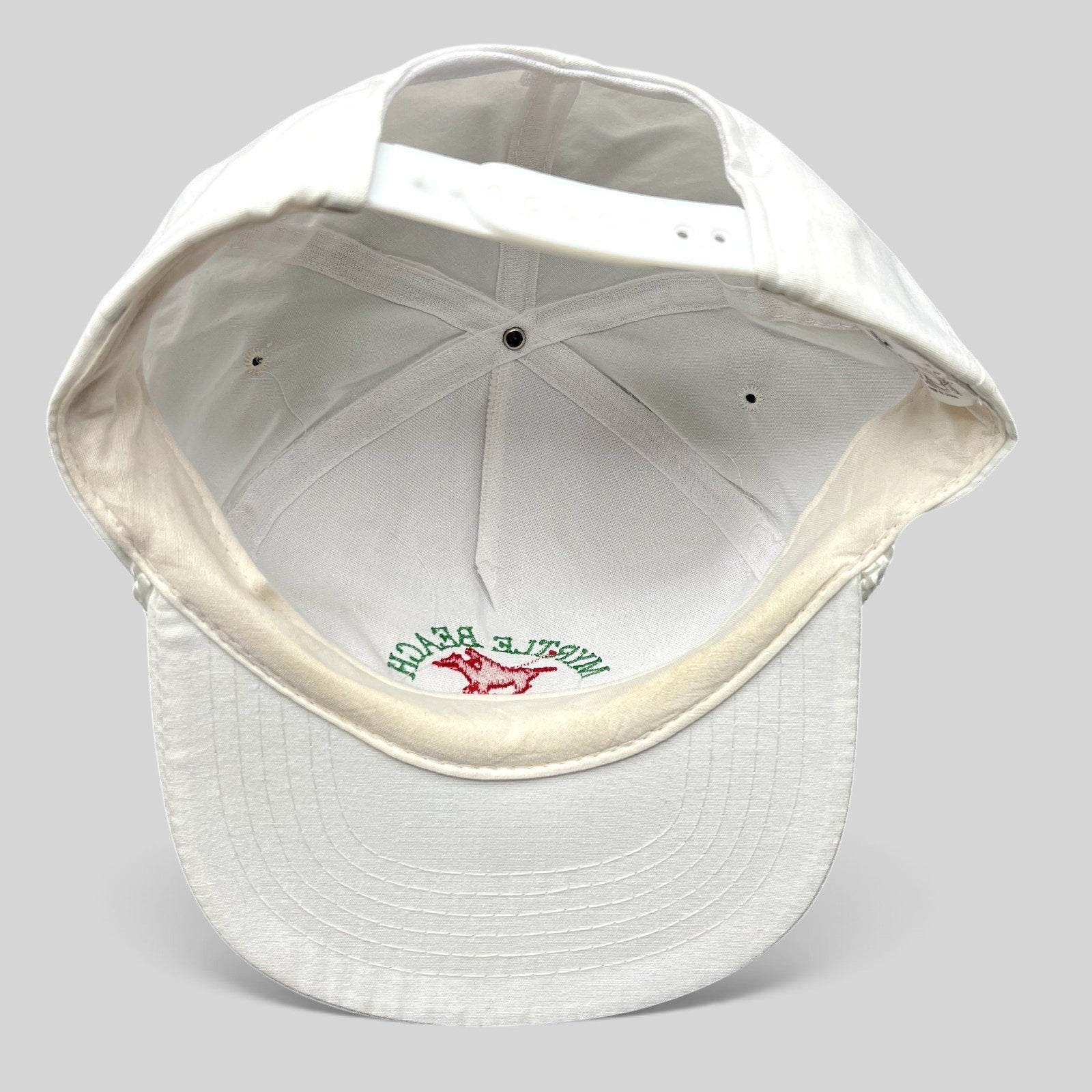 Raree Finds vintage Myrtle Beach Polo Club white snapback hat interior view showing sweatband and embroidery