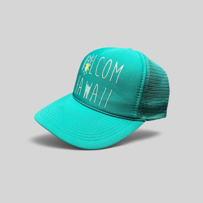 Raree Finds Volcom Hawaii teal mesh trucker hat with foam front, rope detail, and surf-inspired graphic.