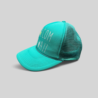 Raree Finds Volcom Hawaii teal mesh trucker hat with foam front panel, rope detail, and surf-inspired graphic.