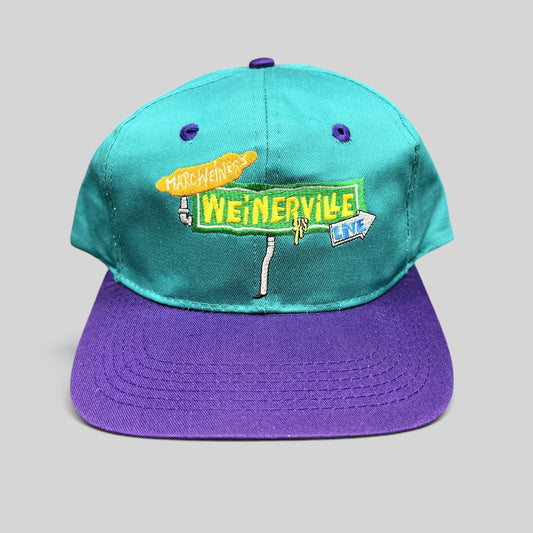 Raree Finds vintage 90s Nickelodeon Weinerville snapback hat in teal and purple with embroidered street sign logo