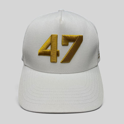 Raree Finds white cotton twill snapback hat featuring bold gold embroidered 47 on the front with a flat brim