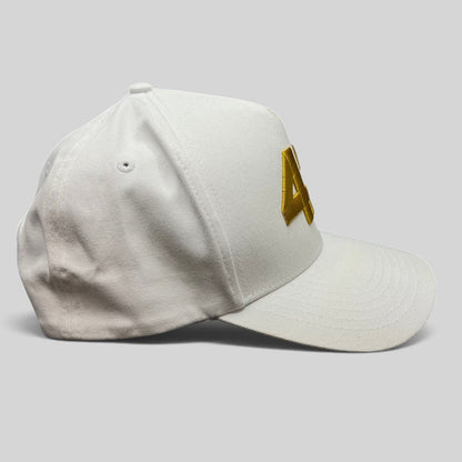 Raree Finds white cotton snapback hat with bold gold 47 embroidery and a structured flat brim profile