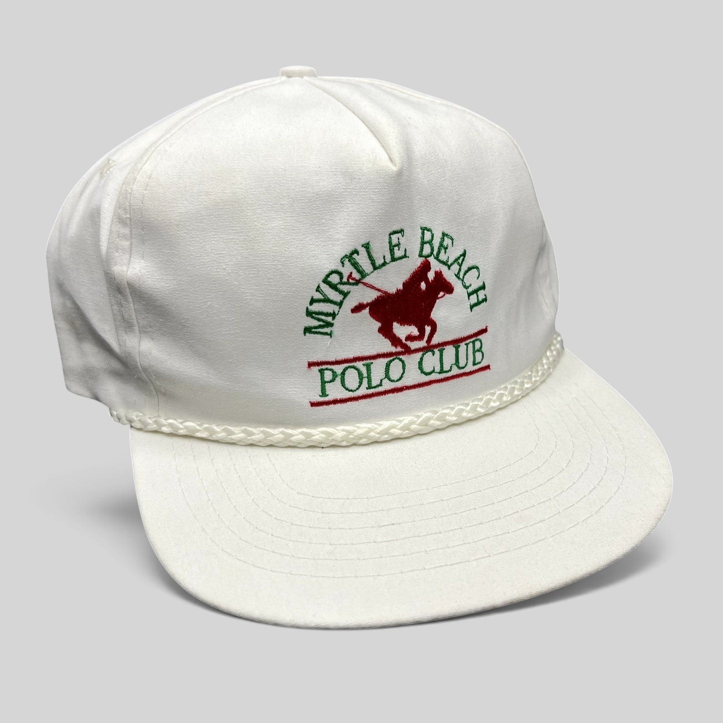 Raree Finds vintage white Myrtle Beach Polo Club rope trucker hat with red and green embroidered horse logo
