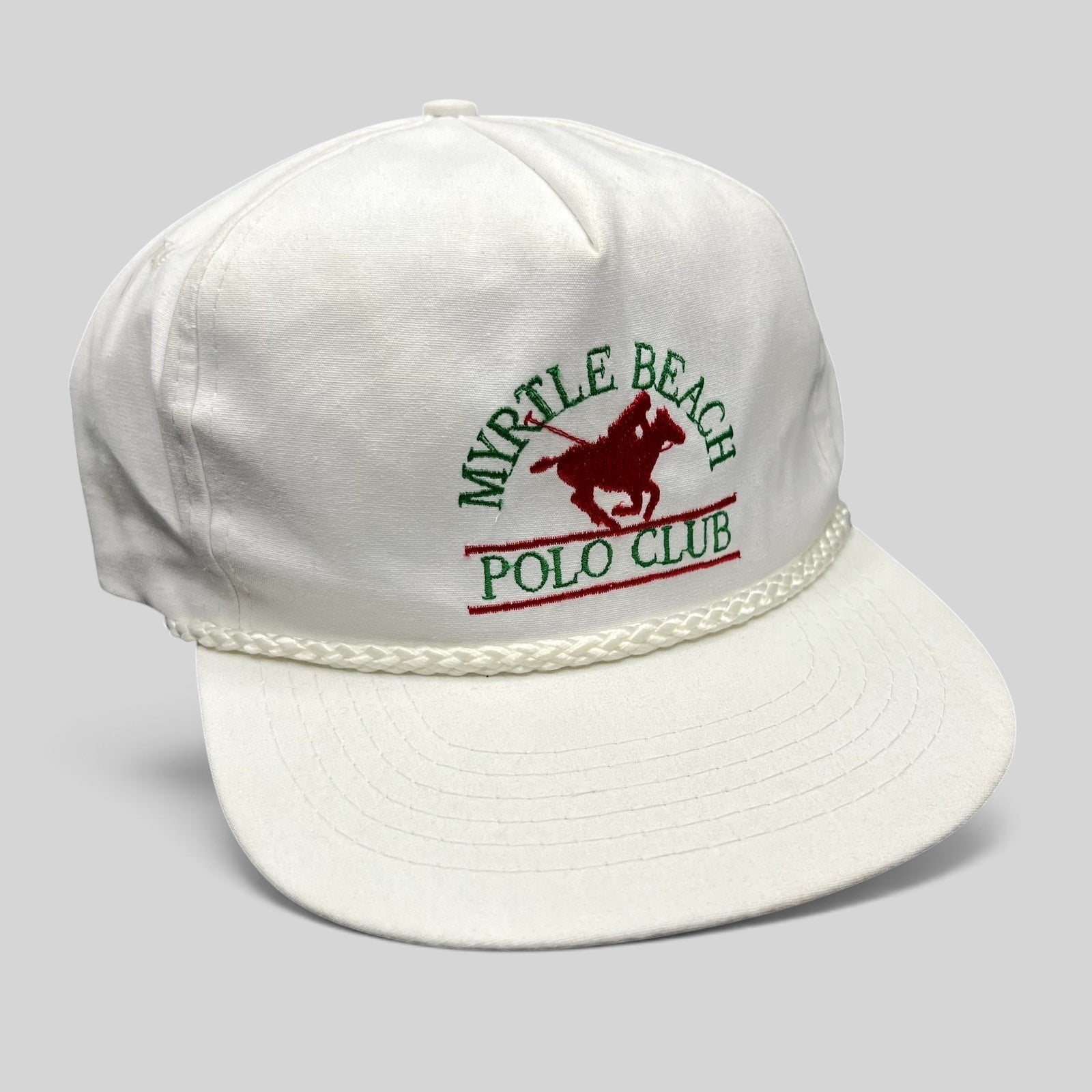 Raree Finds vintage white Myrtle Beach Polo Club rope trucker hat with red and green embroidered horse logo