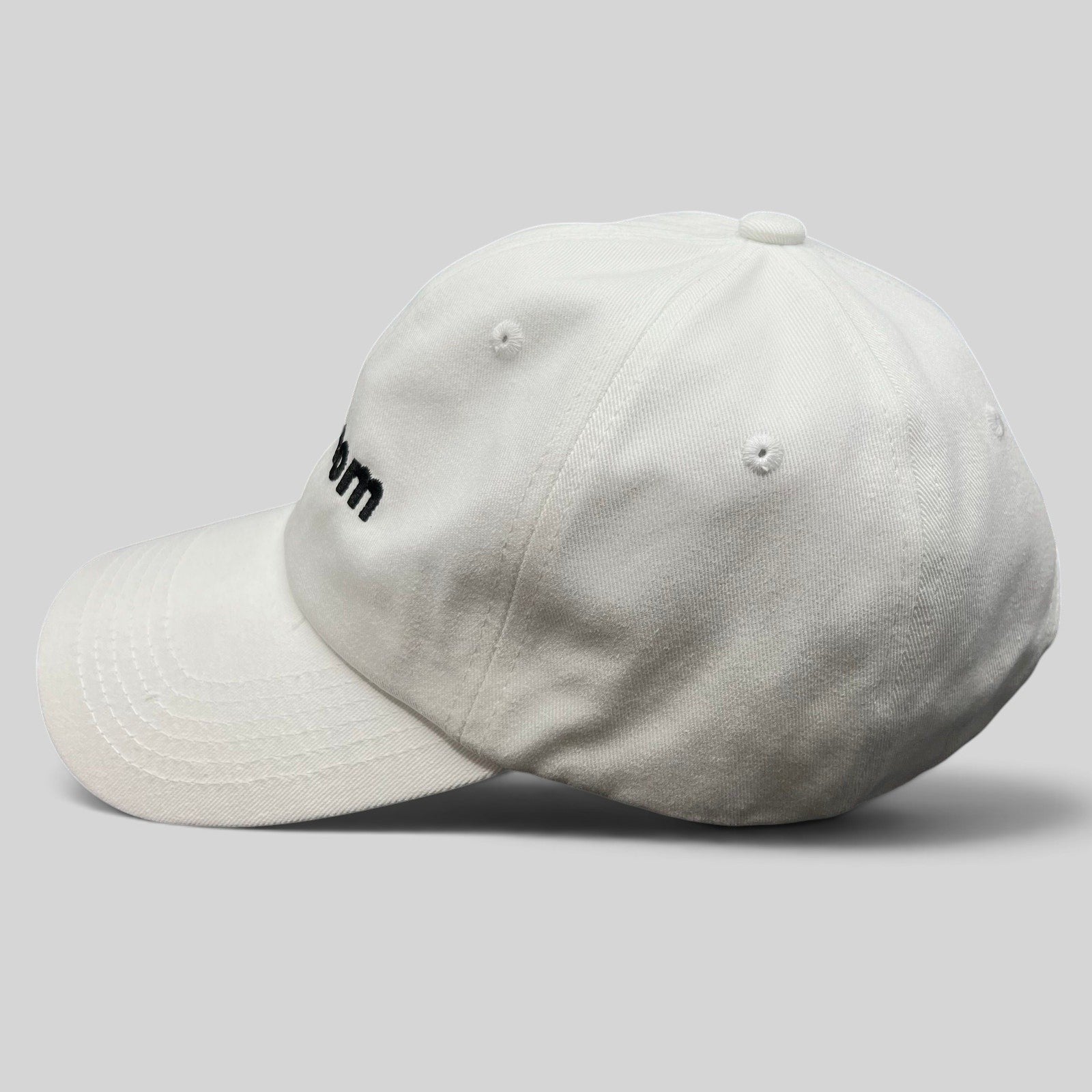 Raree Finds white cotton dad cap with black embroidered sex.com logo and side profile view