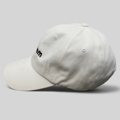 Raree Finds white cotton dad cap with black embroidered sex.com logo and side profile view